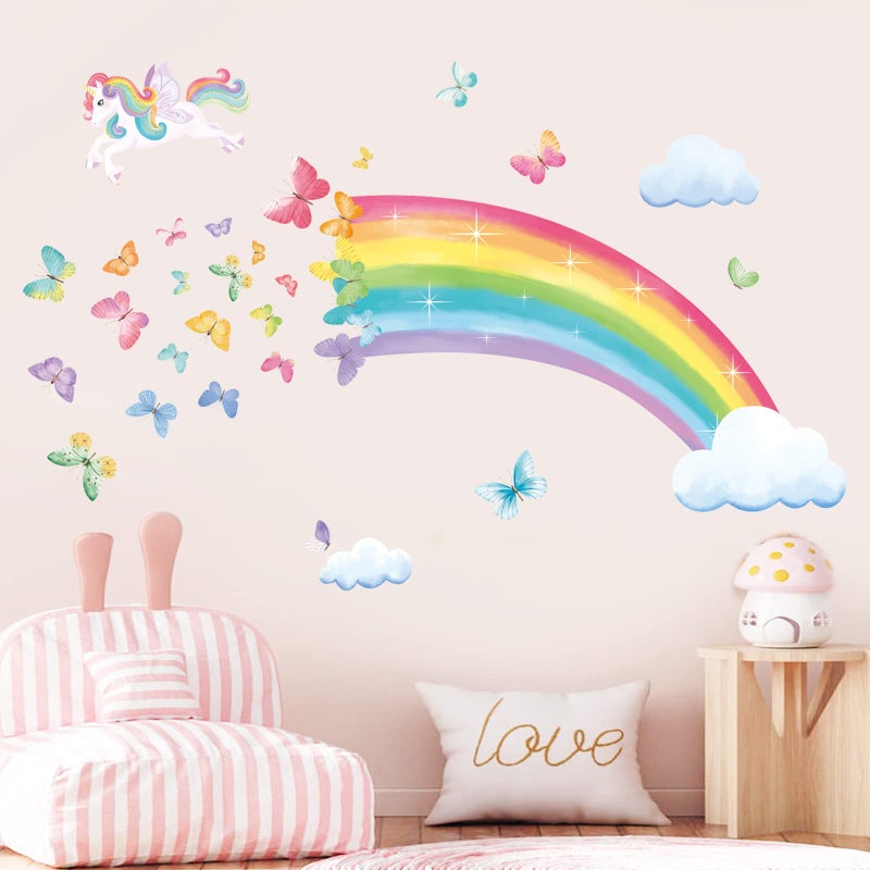 decalmile Rainbow Wall Decals Unicorn Rainbow Butterflies Clouds Wall Stickers Baby Nursery Girls Bedroom Daycare Wall Decor Gifts for Girls - Image 1